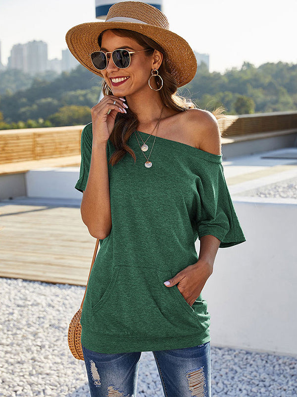 Simple Short Sleeves Loose Solid Color One-Shoulder T-Shirts Tops