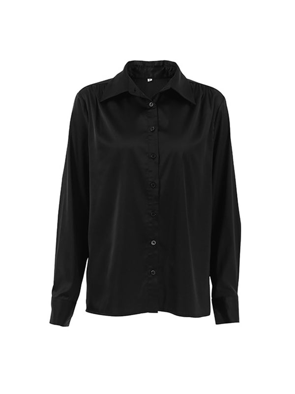 Long Sleeves Loose Solid Color Split-Joint Lapel Blouses