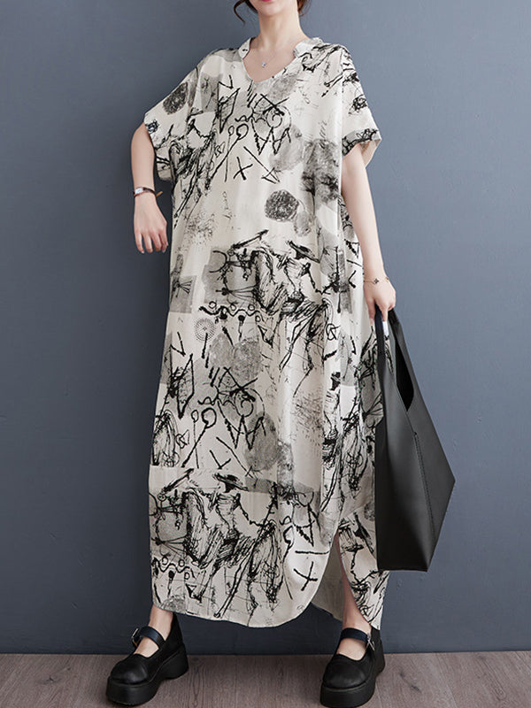 Irregular Clipping Loose Printed V-Neck Maxi Dresses