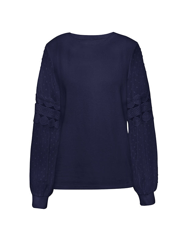 Long Sleeves Puff Sleeves Hollow Solid Color Split-Joint Round-Neck T-Shirts Tops