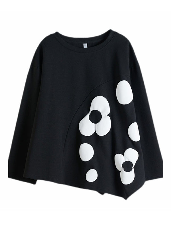 Original Loose Flower Printed Round-Neck Long Sleeves T-Shirt Top