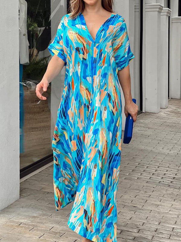 Loose Short Sleeves Multi-Colored Printed V-Neck Maxi Dresses