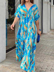 Loose Short Sleeves Multi-Colored Printed V-Neck Maxi Dresses