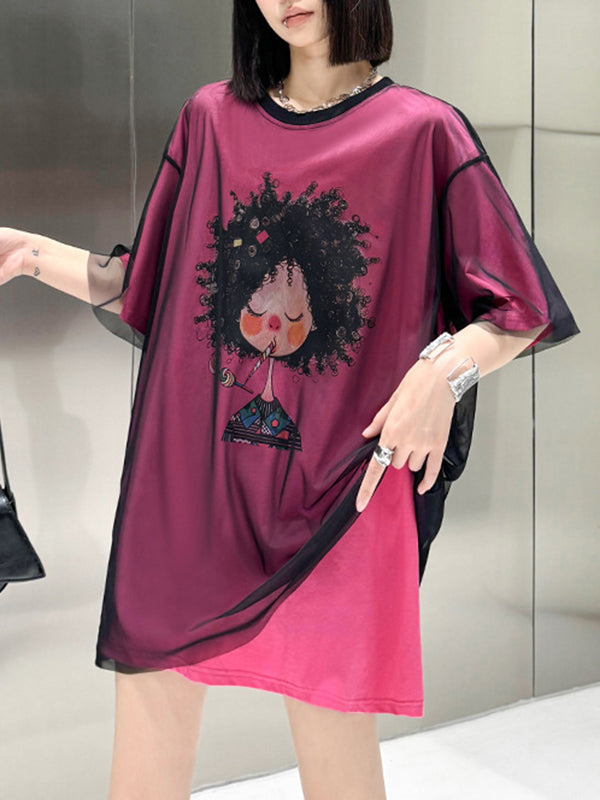 False Two Loose Gauze Printed Split-Joint Tiered Round-Neck T-Shirts Tops