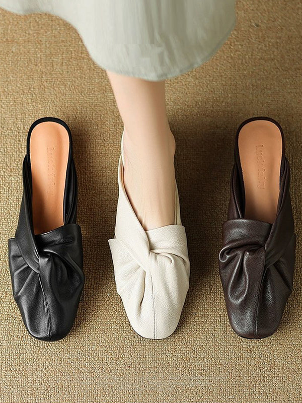 Hollow Pleated Round-Toe Split-Joint Slippers&Mules