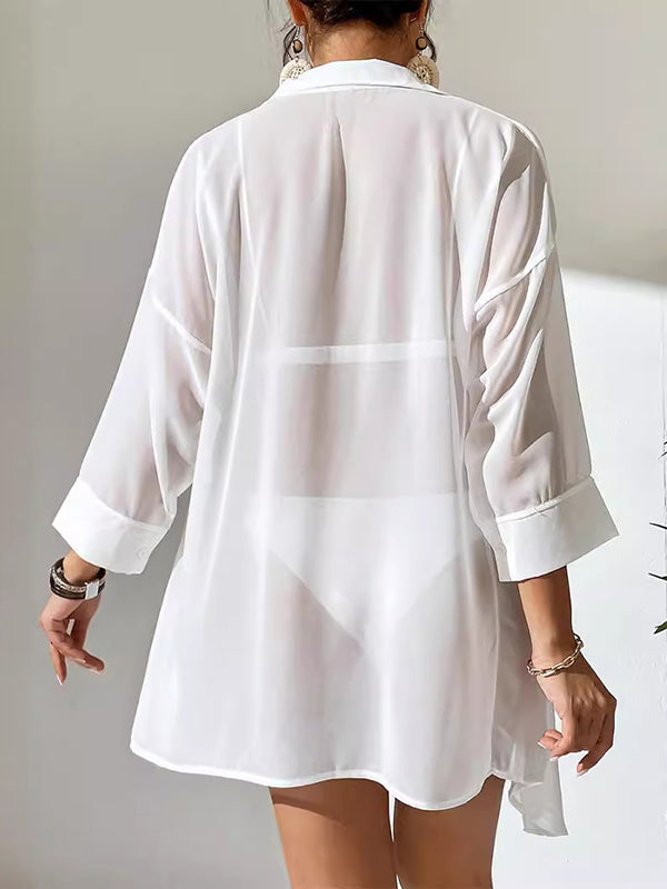 Loose Three-Quarter Sleeves Buttoned See-Through Solid Color Split-Joint Lapel Blouses&Shirts Tops