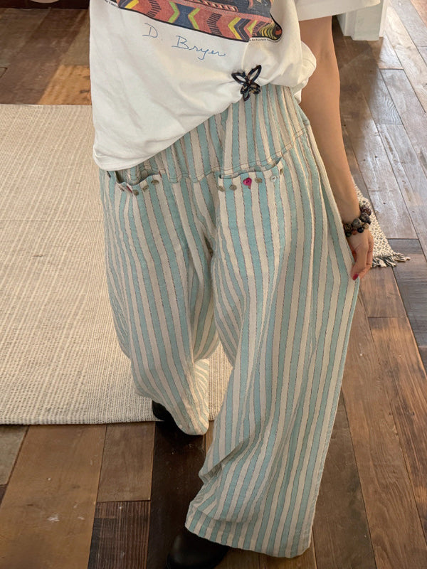 High Waisted Loose Split-Joint Striped Pants Trousers