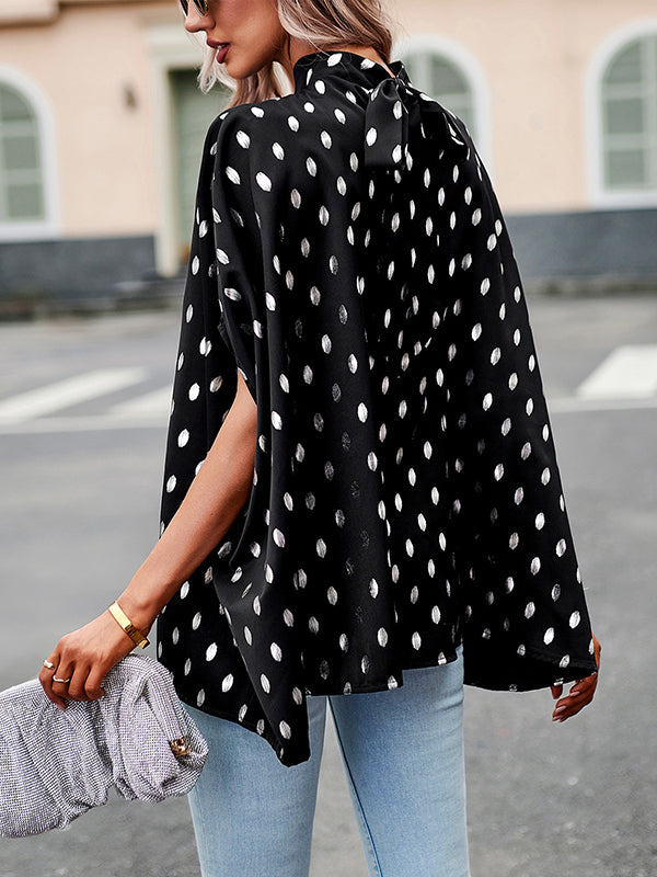 Loose Bandage Polka Dot Round-Neck Blouses&Shirts Tops