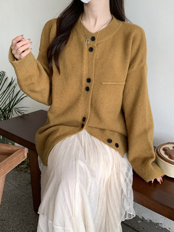 Long Sleeves Loose Buttoned Round-Neck Cardigan Tops