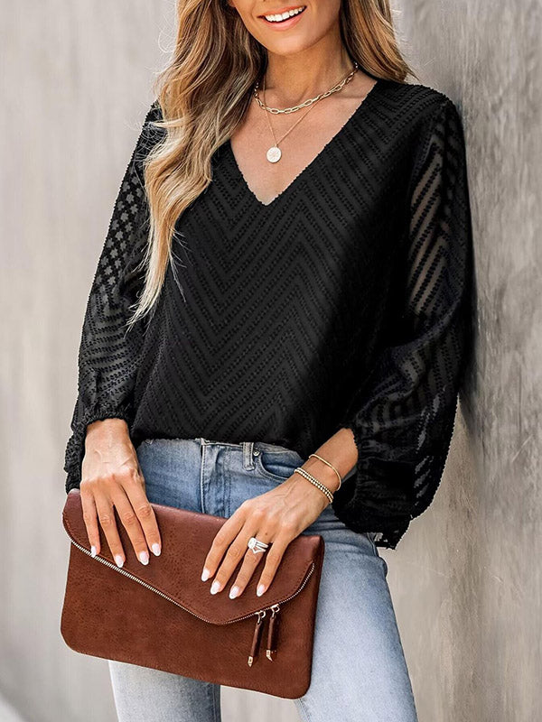 Loose Puff Sleeves Jacquard Pleated See-Through Split-Joint V-Neck T-Shirts