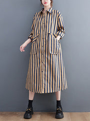 Original Loose Long Sleeves Buttoned Striped Lapel Collar Midi Shirt Dresses