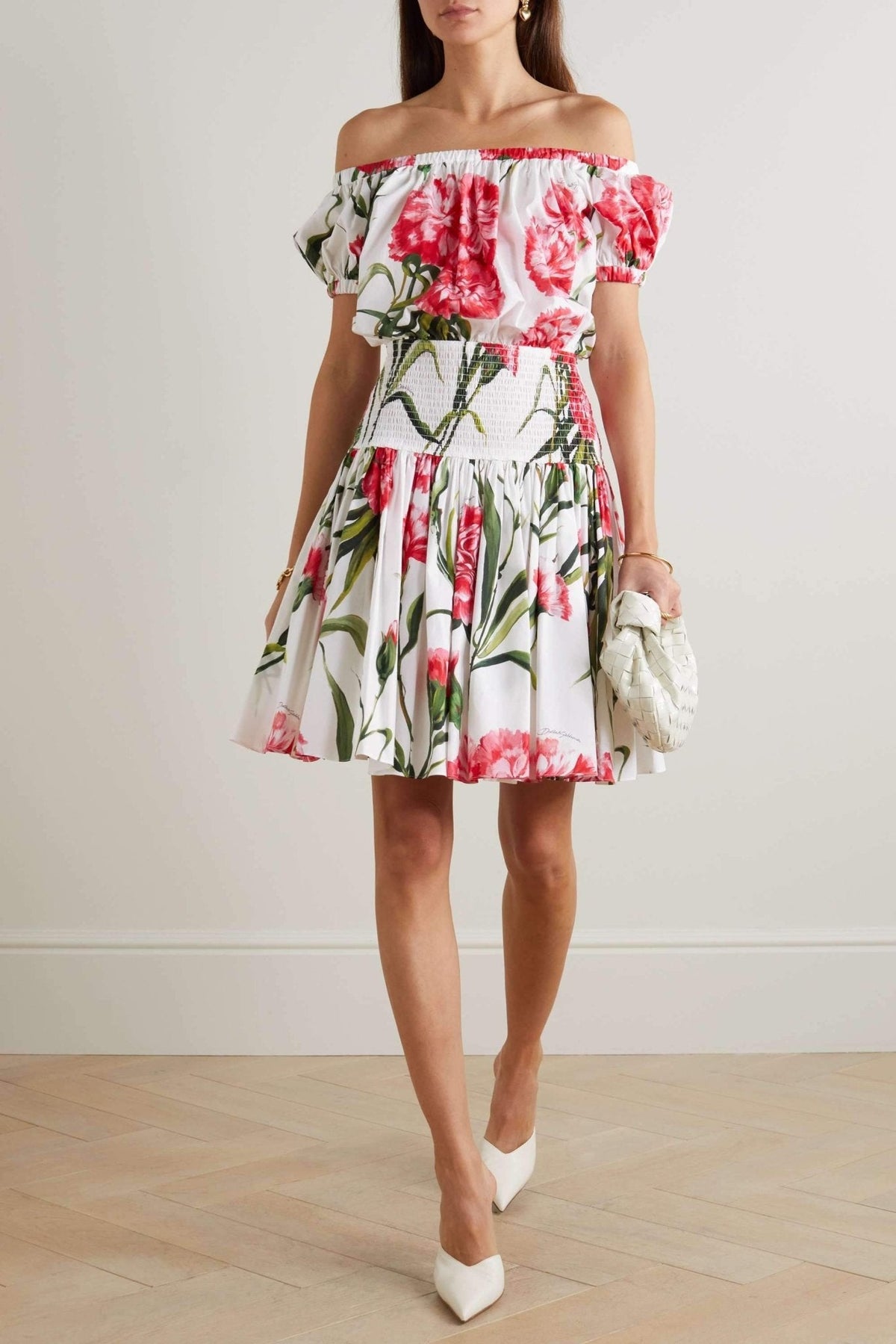 Jemima Printed Off-shoulder Shirred Mini Dress