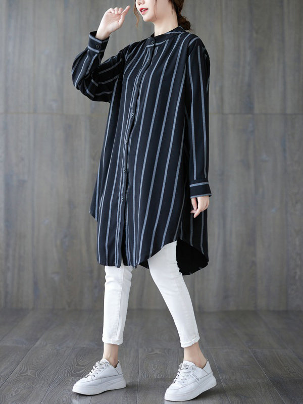 Long Sleeves Loose Buttoned Striped Blouses&Shirts Tops