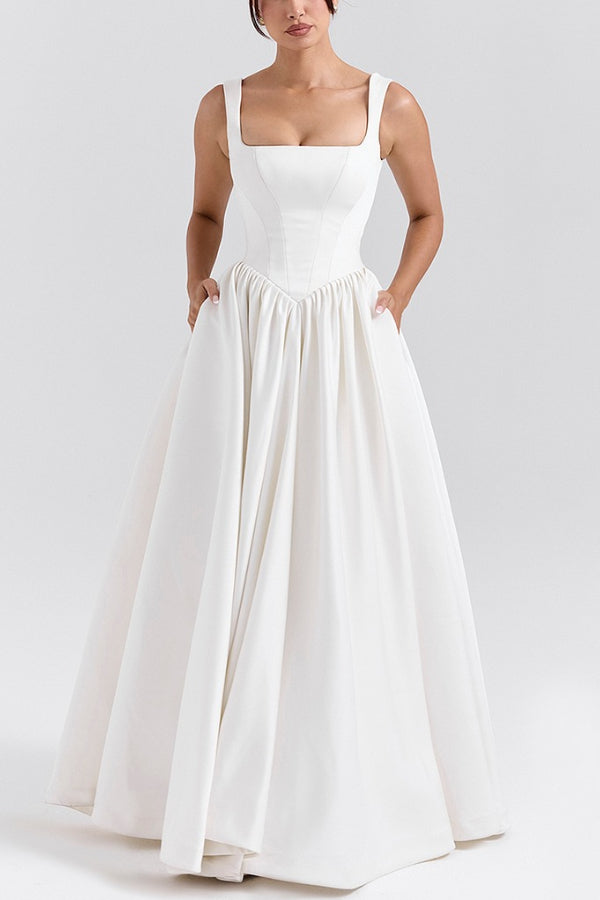 Wide Straps Corset Solid Color Gowns Maxi Dresses-White