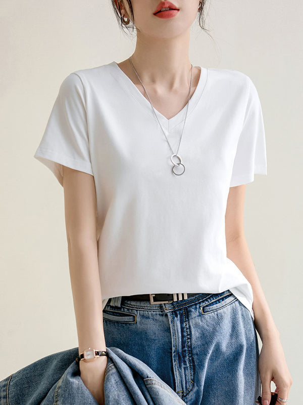 Loose Short Sleeves Solid Color V-Neck T-Shirts Tops