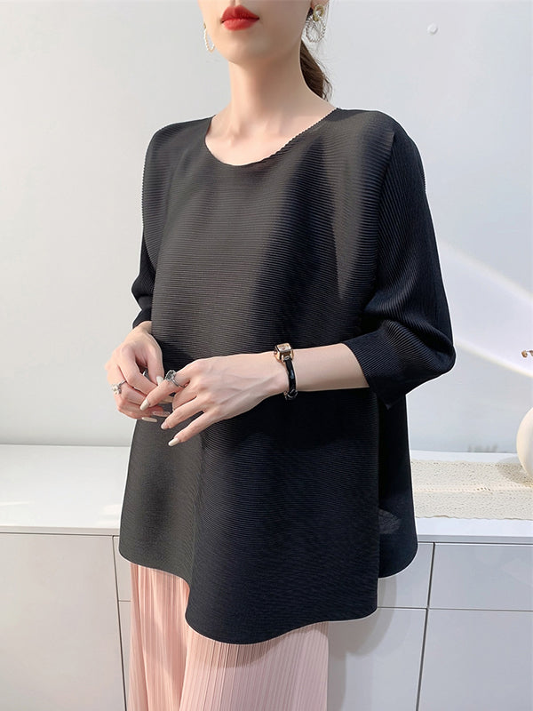 High-Low Loose Pleated Solid Color Split-Side Round-Neck T-Shirts Tops