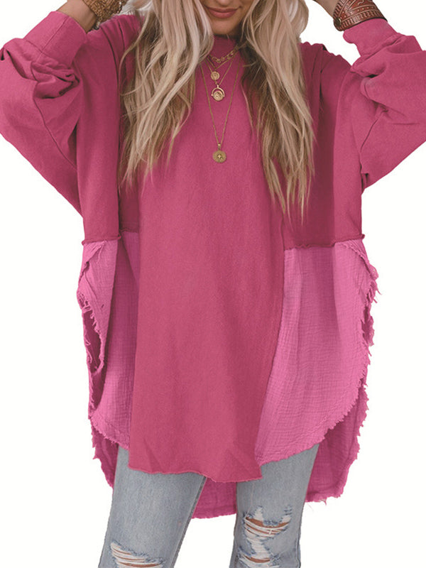 High-Low Long Sleeves Fringed Split-Joint Split-Side Round-Neck Sweatshirt Tops