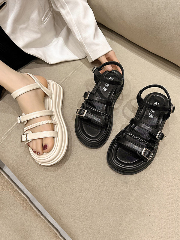 Belt Buckle Lace-Up Round-Toe Split-Joint Platform Shoes Sandals