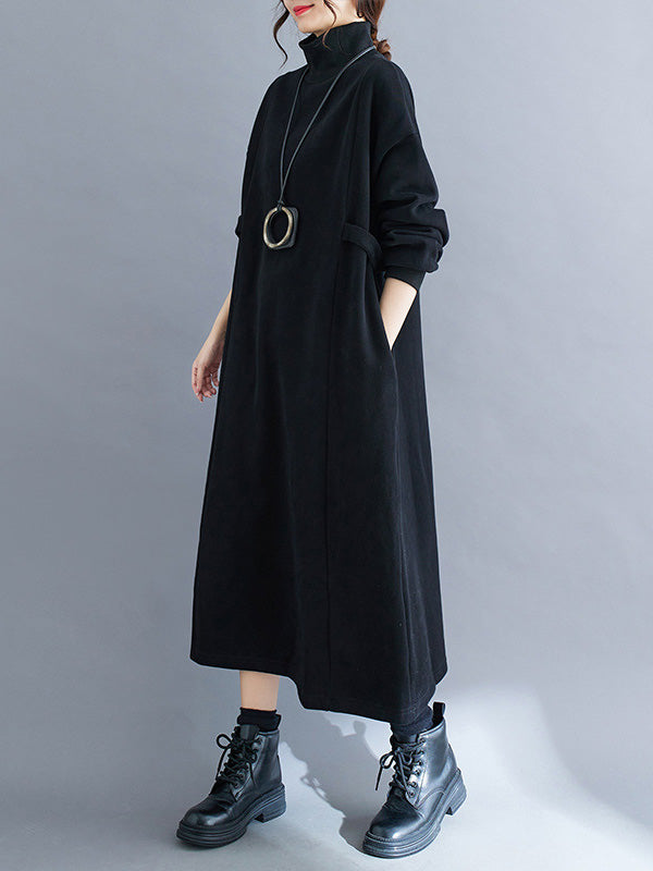 A-Line Long Sleeves Solid Color Mock Neck Midi Dresses