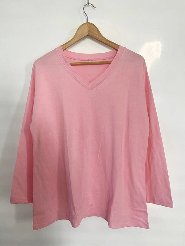 Long Sleeves Loose See-Through Solid Color Split-Joint V-Neck T-Shirts