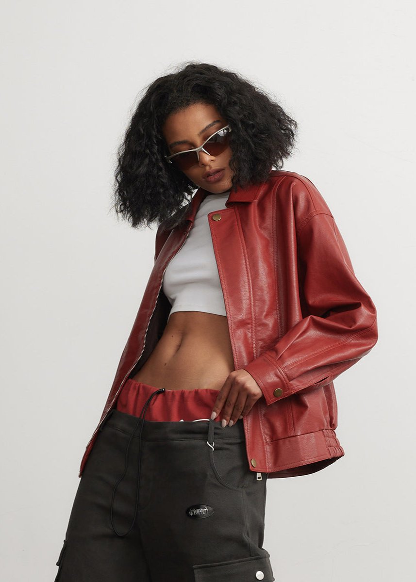 Cropped Red Leather Jacket - Unisex Fashion