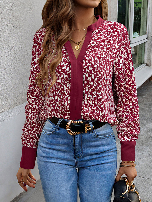 Long Sleeves Loose Printed Split-Joint V-Neck Blouses&Shirts Tops