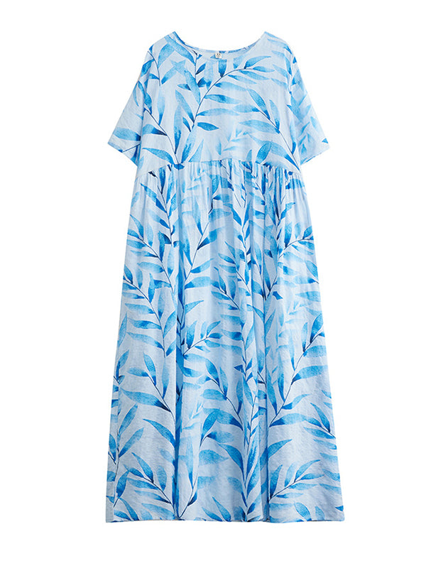 Loose Short Sleeves Leaf Pleated Printed Split-Joint Round-Neck Midi Dresses