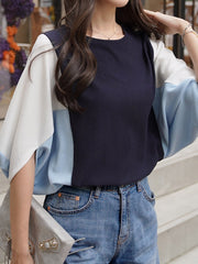 Batwing Sleeves Half Sleeves Contrast Color Round-Neck Blouses&Shirts Tops