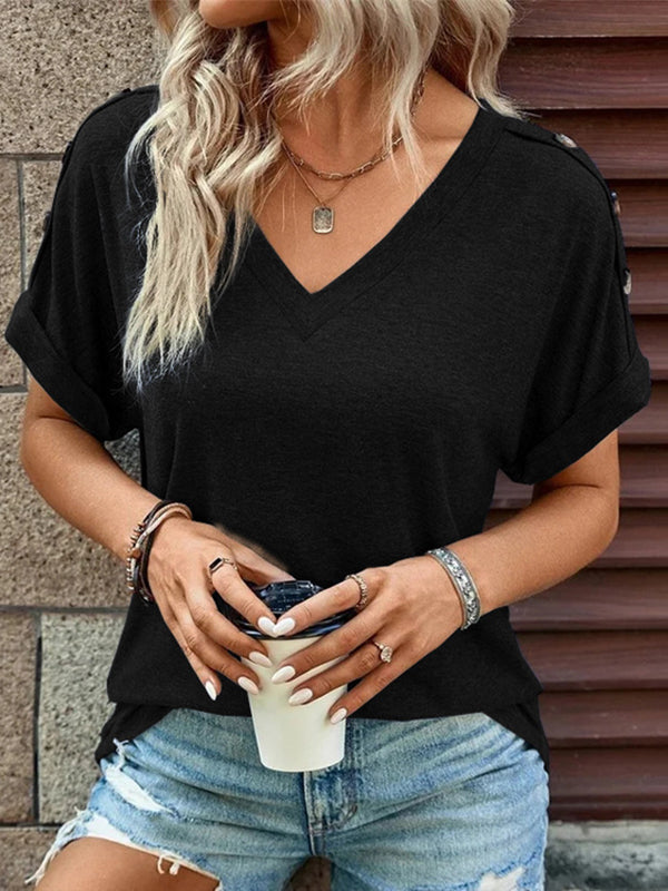 Loose Short Sleeves Buttoned Solid Color V-Neck T-Shirts Tops