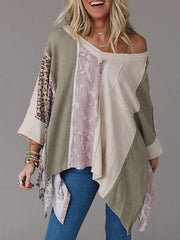 Long Sleeves Loose Asymmetric Leopard Split-Joint Split-Side One-Shoulder Sweatshirt Tops