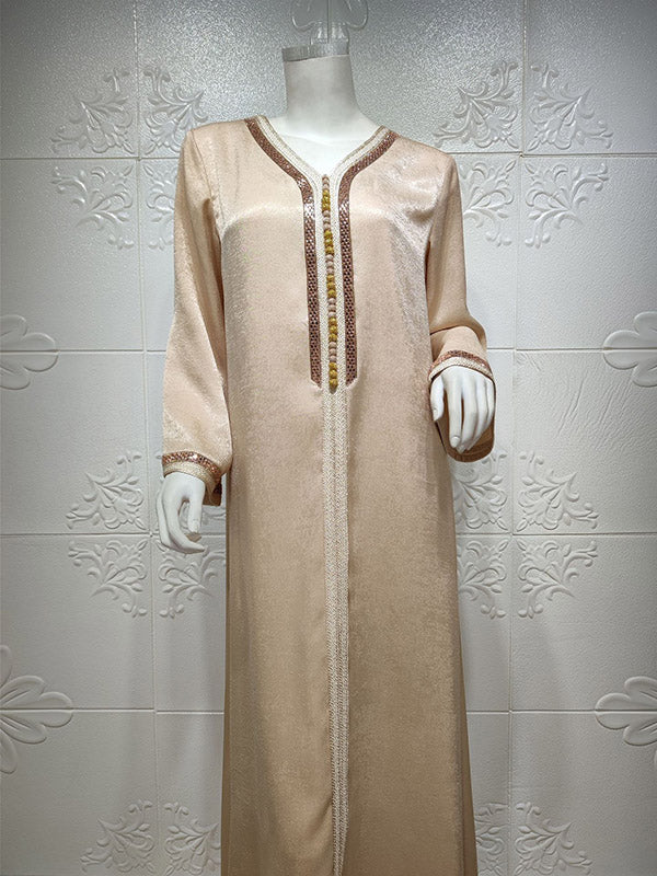 Long Sleeves Loose Muslim Rhine Stones V-Neck Maxi Dresses Robes