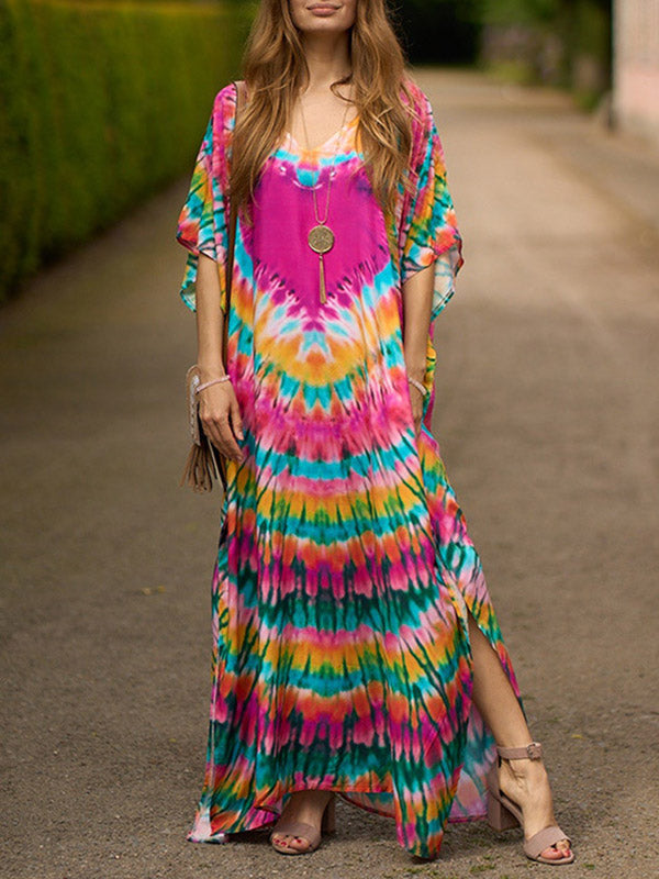 Batwing Sleeves Loose Split-Side Tie-Dyed V-Neck Beach Cover-Up Maxi Dresses