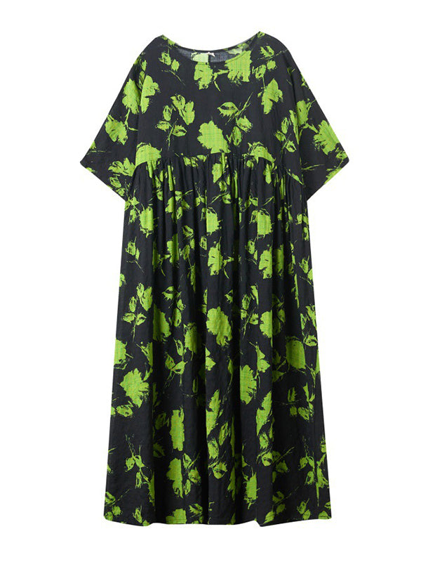 Loose Floral Pleated Round-Neck Midi Dresses