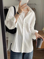 Long Sleeves Loose Solid Color Split-Side Lapel Blouses