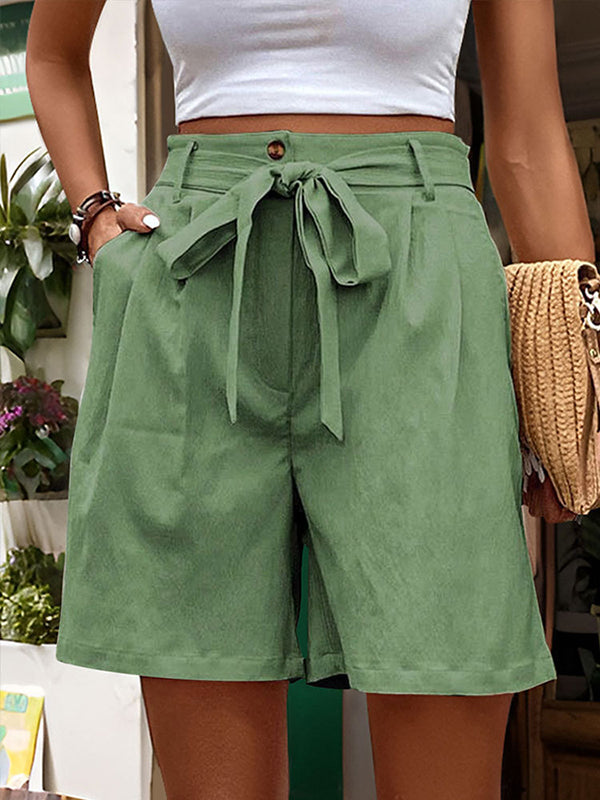 High Waisted Loose Buttoned Elasticity Pleated Pockets Tied Waist Shorts Bottoms