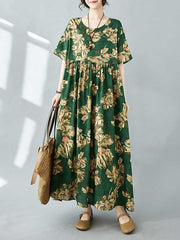 Half Sleeves Loose Flower Print Pleated Pockets Round-neck Midi Dresses