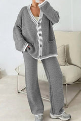 Fashion Casual Knitted Long Sleeve Pocket Cardigan and Elastic Waist Loose Wide Leg Pants Set