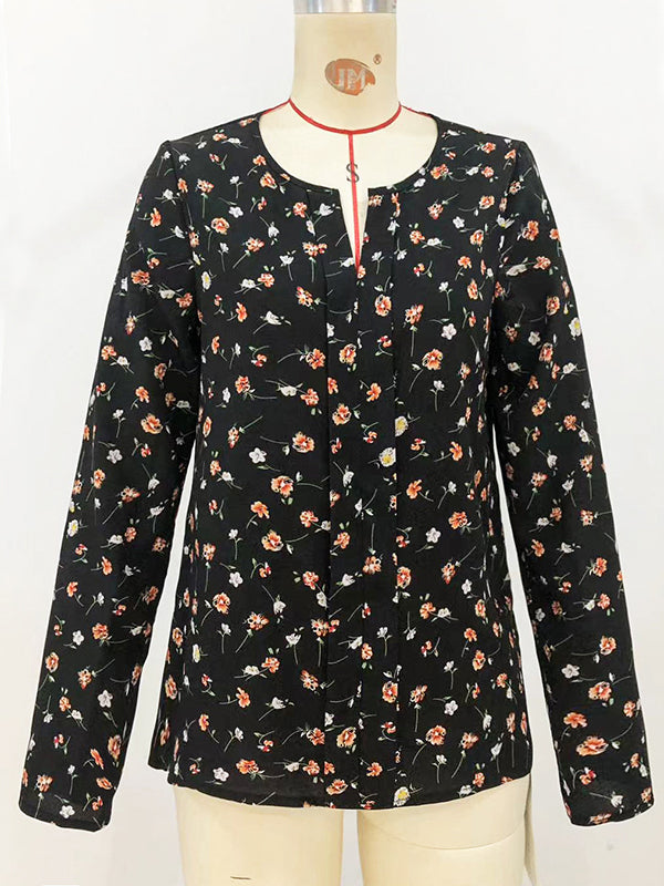 Long Sleeves Loose Flower Print Round-Neck Blouses&Shirts Tops