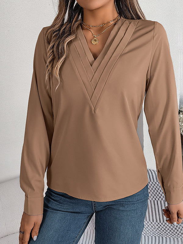 Long Sleeves Loose Pleated Solid Color Split-Joint V-Neck T-Shirts Tops