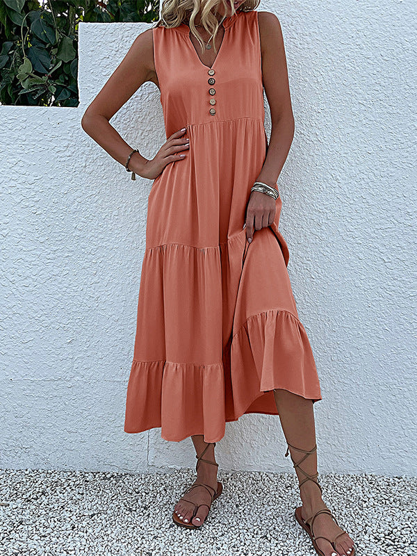 Loose Sleeveless Pleated Split-Joint V-Neck Midi Dresses