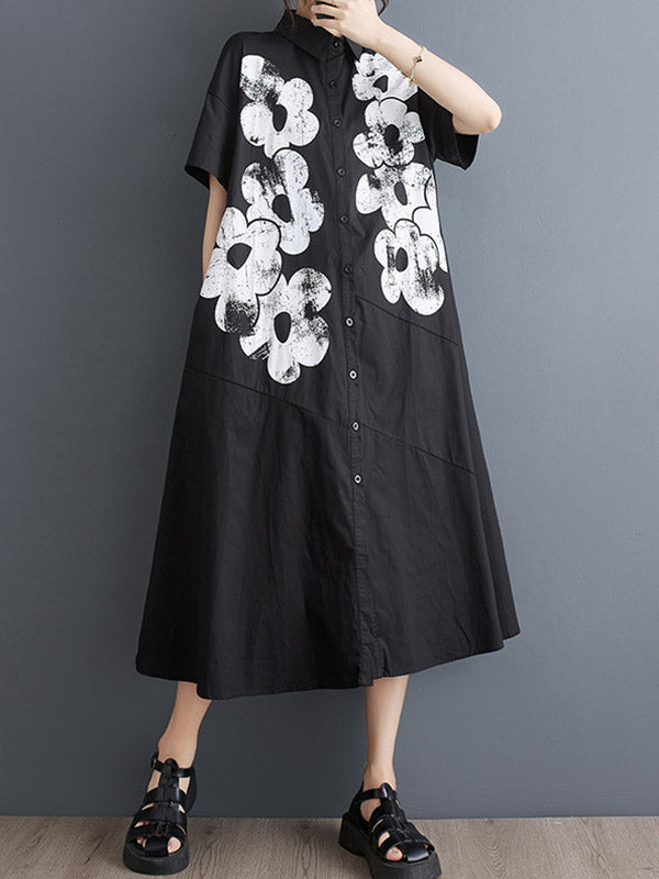 A-Line Loose Asymmetric Buttoned Flower Print Lapel Midi Dresses Shirt Dress