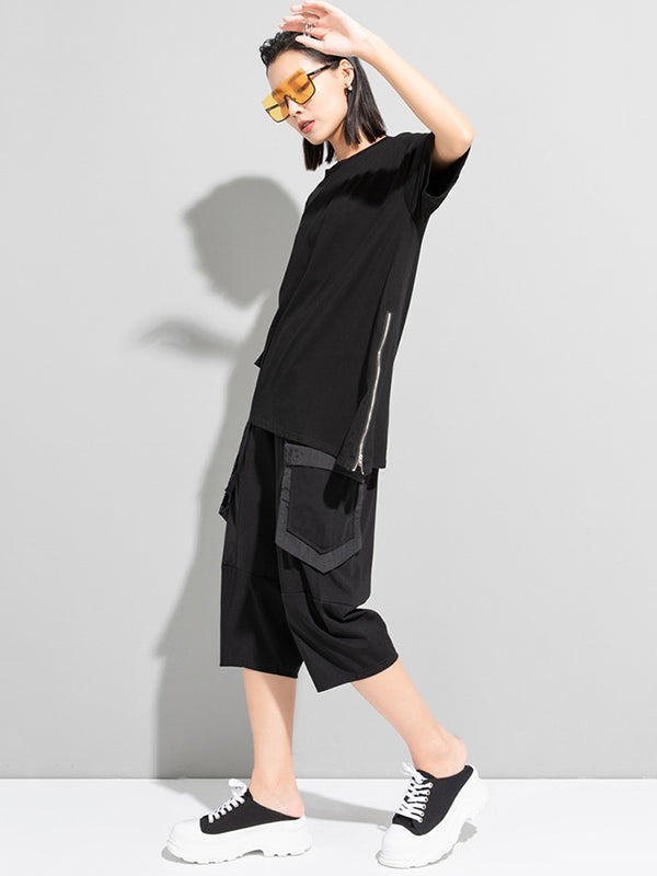 Stylish Loose Pocket Split-Joint Irregular Black T-Shirt