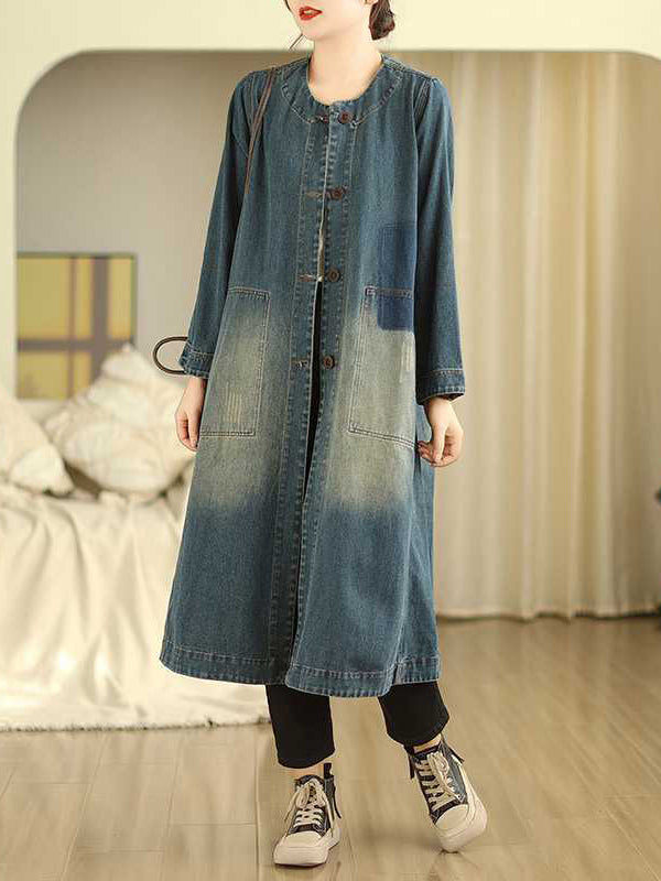 A-Line Long Sleeves Buttoned Pockets Round-Neck Midi Dresses Outerwear