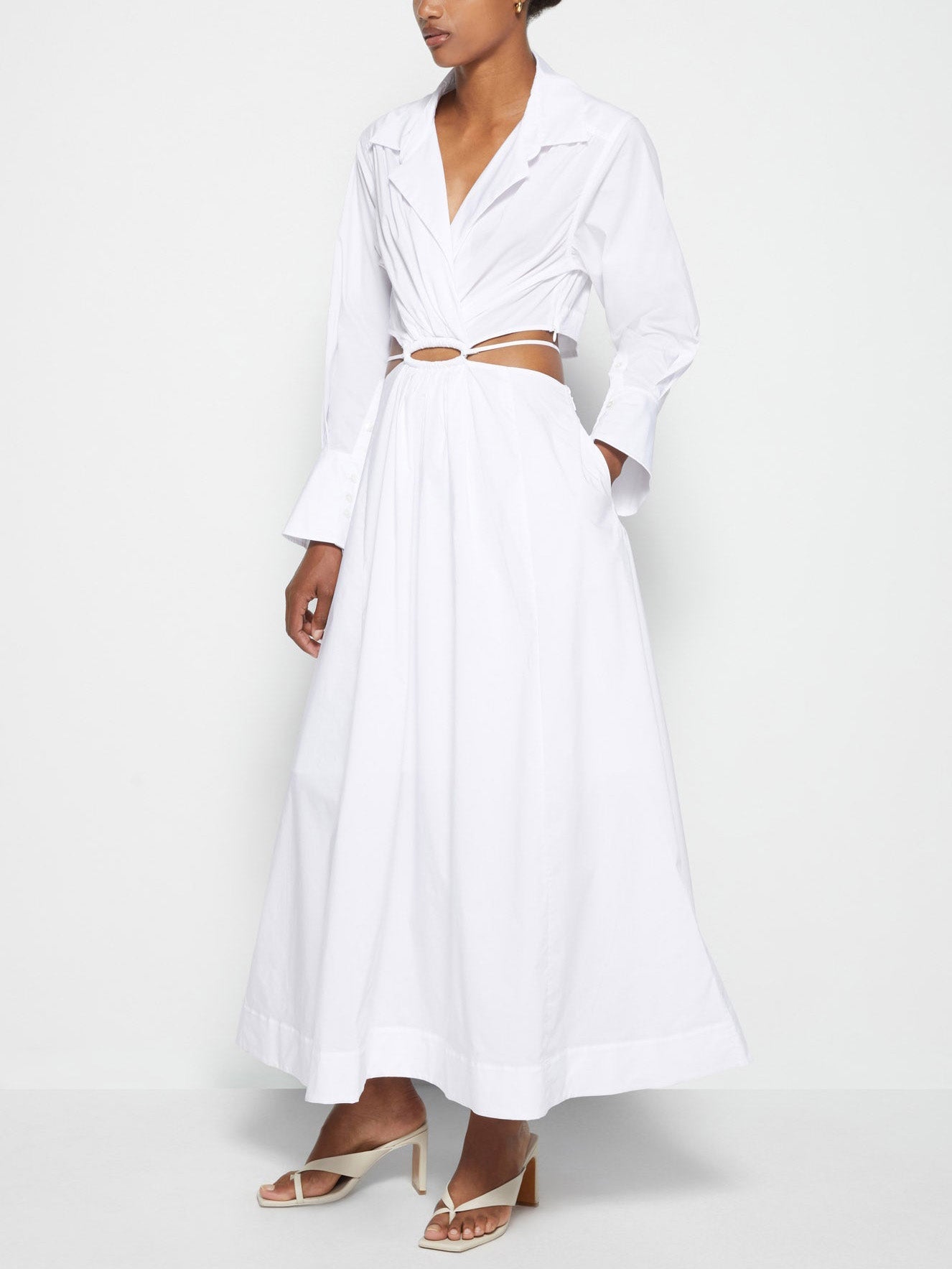 Unique Waist Hollow Gathered Slim Shirt Midi Dress