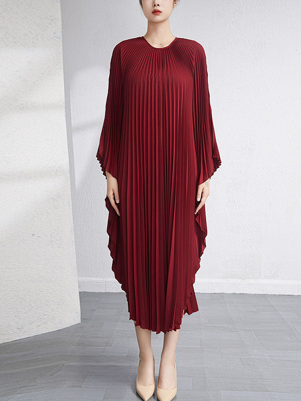 Urban Flared Batwing Sleeves Pleated Solid Color Round-Neck Midi Dresses