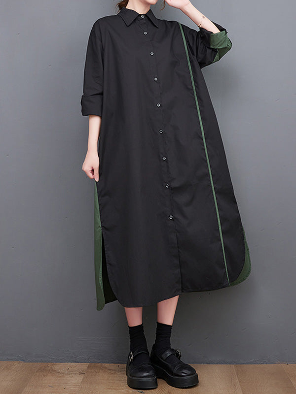 Long Sleeves Loose Asymmetric Buttoned Split-Joint Split-Side Lapel Midi Dresses Shirt Dress