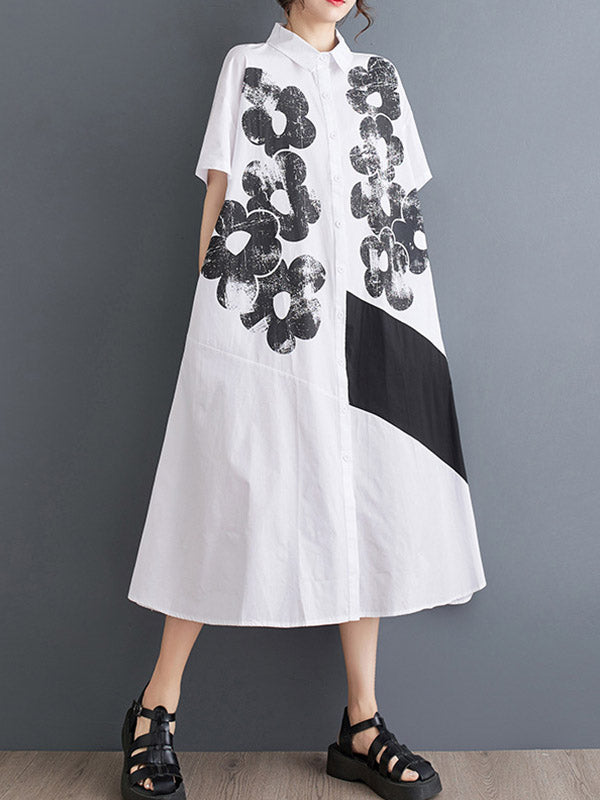 A-Line Loose Asymmetric Buttoned Flower Print Lapel Midi Dresses Shirt Dress