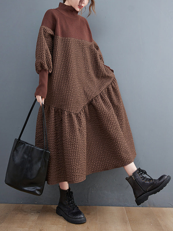 Casual Long Sleeves Loose Split-Joint Jacquard High-Neck Sweater Dresses