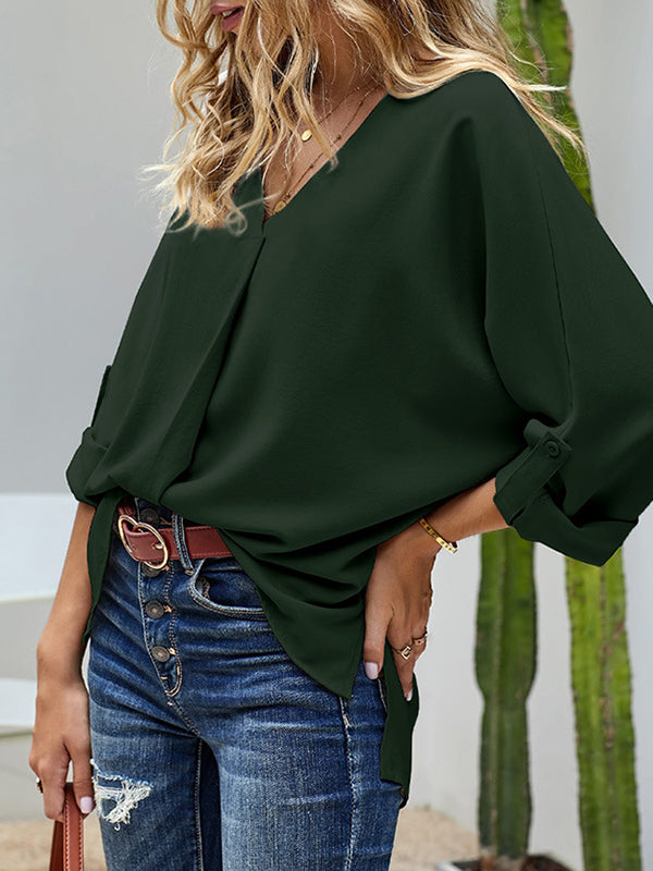 High-Low Loose Buttoned Solid Color V-Neck T-Shirts Tops