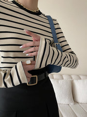 Long Sleeves Skinny Contrast Color Striped Round-Neck T-Shirts Tops